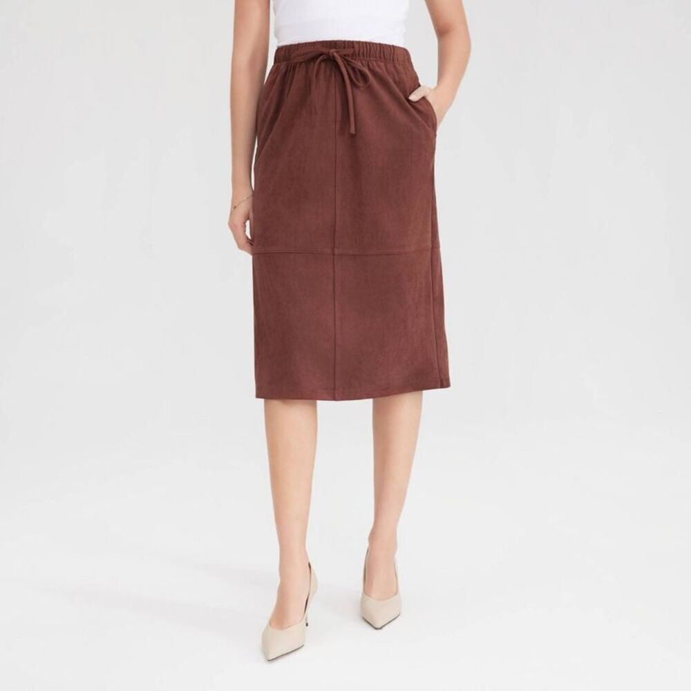 Women's Faux Suede Drawstring Midi A-Line Skirt - A New Day Dark Brown XS